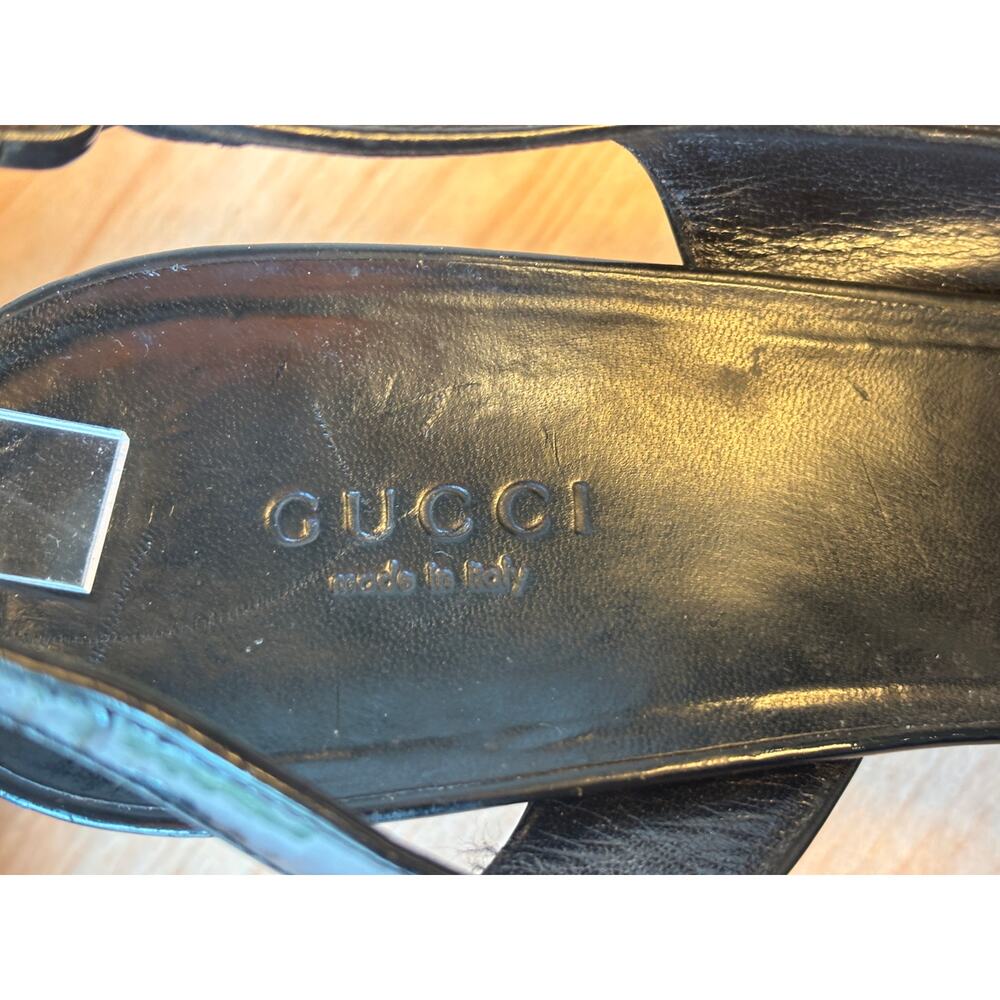 Gucci Black Patent Leather Slingback Wedge Heels with Tortoiseshell Wedge - Picture 3 of 11